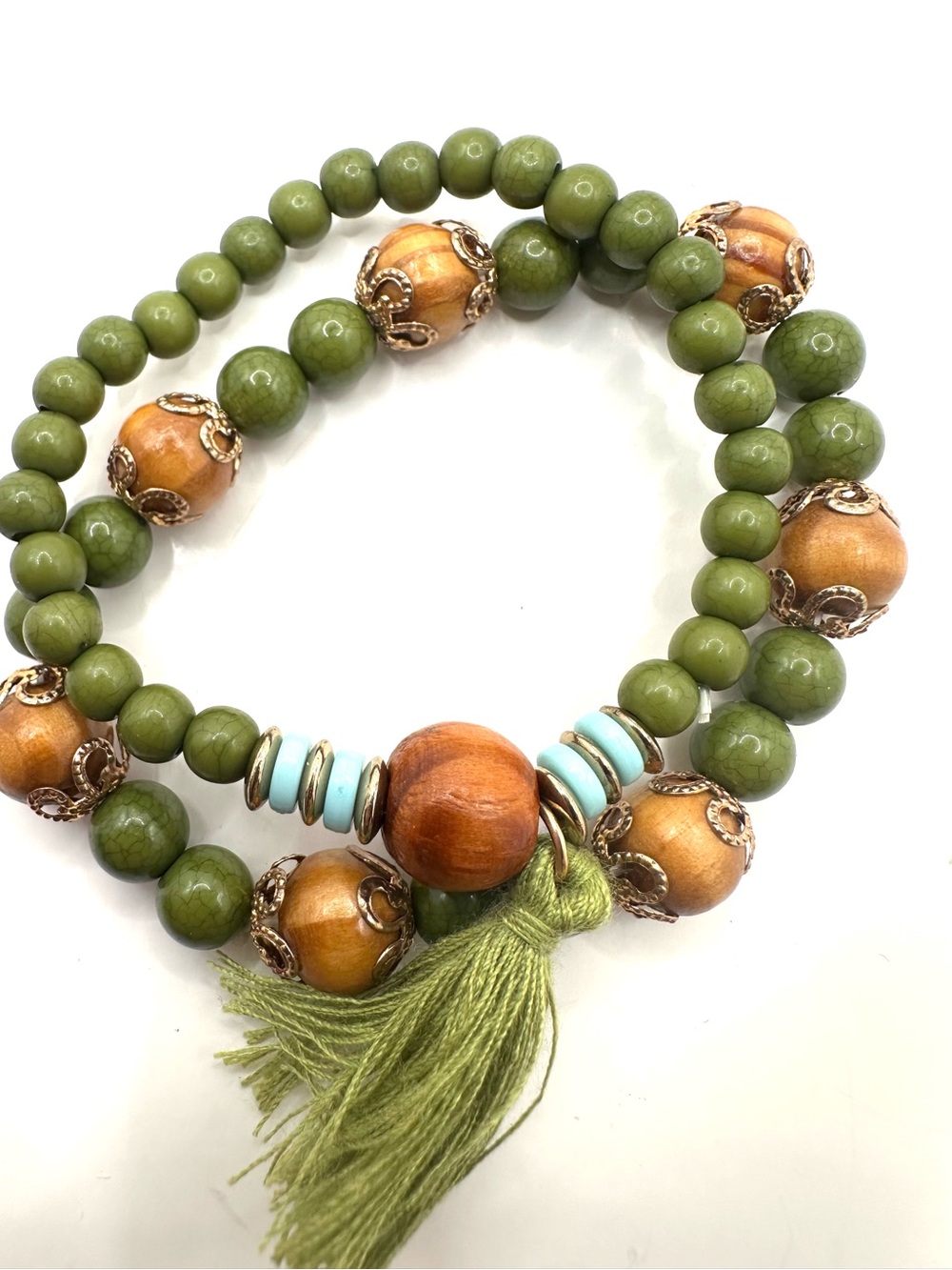 Fashion: Boho Green and Wood Beaded Tassel Bracelet Set